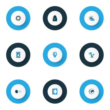 Ramazan simgeler kümesi asr, din, Ezan ve diğer dua öğeleri ile renkli. İzole vektör çizim Ramazan kutsal kişilerin resmi.