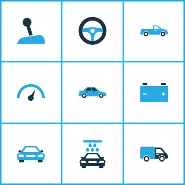 Otomatik simgeler kümesi Chronometre, sopa, otomotiv ve diğer sedan öğeleri ile renkli. İzole vektör çizim otomatik simgeler.