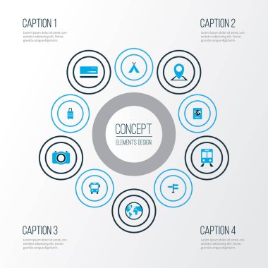 Keşif simgeler kimlik belgesi, booth, gezegen ve diğer toprak elementleri ile set renkli. İzole vektör illüstrasyon keşif simgeler.