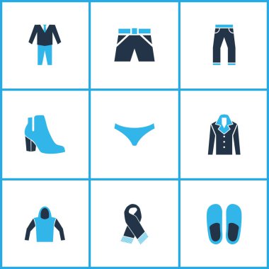Giysi simgeler kümesi kot pantolon, kısa pantolon, terlik ve diğer ayakkabı öğeleri ile renkte. İzole vektör çizim giyim simgeler.