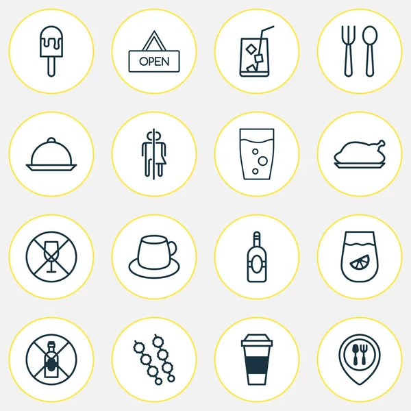 Conjunto de iconos de café con kebab, alcohol prohibido, limonada y otros elementos de mapeo de alimentos. Iconos de café de ilustración vectorial aislado . — Vector de stock