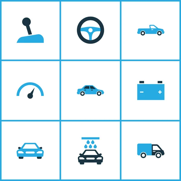 Auto-Symbole farbiges Set mit Chronometer, Stick, Automobil und anderen Limousinenelementen. isolierte Vektorabbildung Auto-Symbole. — Stockvektor