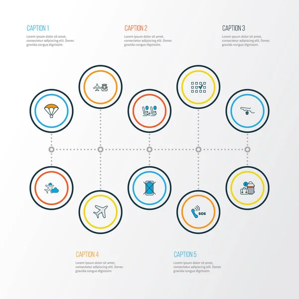Resa ikoner färgad linje in med planet i molnet, extra bagage, flygplan hjul och andra flygplan element. Isolerade illustration resa ikoner. — Stockfoto