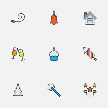 Mutlu simgeler ile Noel ağacı Ayarla satır renkte, üfleyici, havai fişek ve diğer ev öğeleri parti. İzole vektör çizim mutlu simgeler.