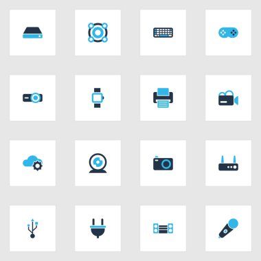 Aygıt simgelerini video kamera, sabit disk, projektör ve diğer sunum elemanları ile set renkli. İzole vektör çizim Aygıt simgeleri.