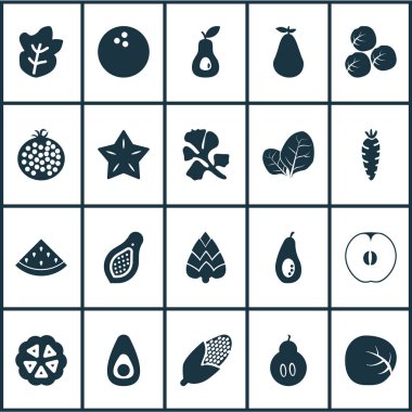 Gıda simgeler tazelik, guacamole, bitki ve diğer karpuz öğeleri ile ayarlayın. İzole vektör çizim gıda simgeler.