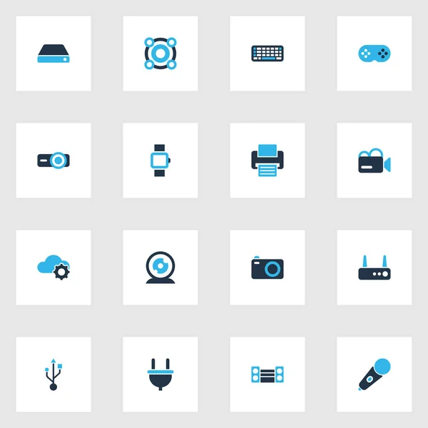 Conjunto de iconos de dispositivo de color con cámara de vídeo, disco duro, proyector y otros elementos de presentación. Iconos de dispositivo de ilustración vectorial aislado . — Vector de stock