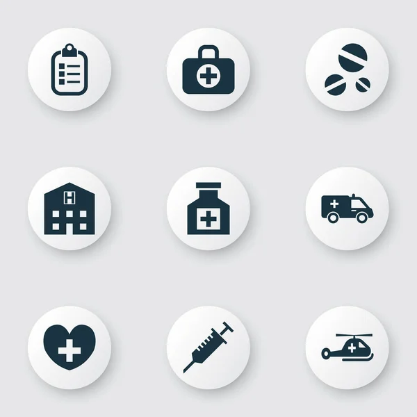 Iconos de la medicina con helicóptero, picaduras, drogas y otros elementos de marca. Iconos de medicina de ilustración vectorial aislado . — Vector de stock
