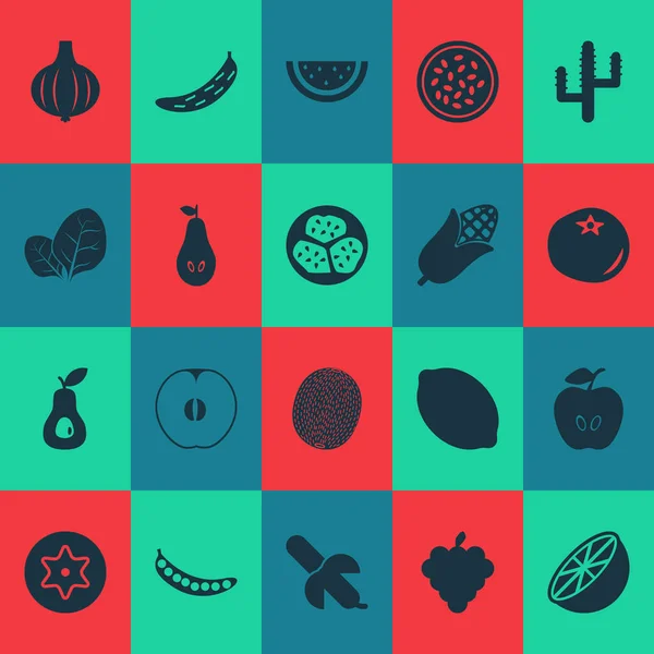 Iconos de alimentos con salsa de tomate, guisantes, albaricoque y otros elementos de la naturaleza. Iconos de alimentos ilustración aislada . — Foto de Stock