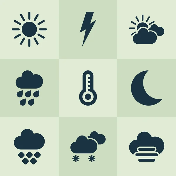Воздушные иконы, установленные ночью, закатом, грозой и другими синоптическими элементами. Изолированные иллюстрационные иконки воздуха . — стоковое фото