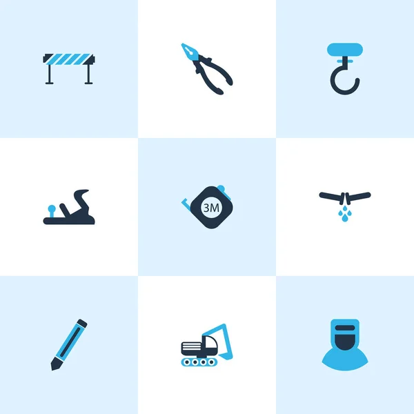 Construction icons colored set with roulette, plane, digger vehicle and other nippers elements. Isolated  illustration construction icons.