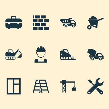 İnşaat simgeler araçları, beton mikseri, vinçler ve diğer kazıcı öğeleri ile ayarlayın. İzole vektör illüstrasyon inşaat simgeler.