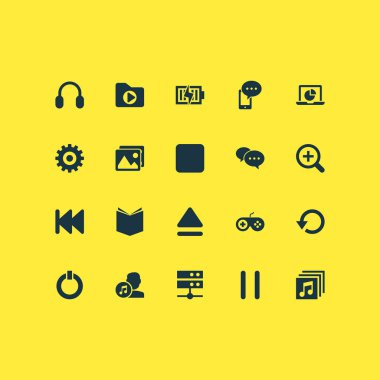 Multimedya simgeler durdur, ayar, şarj ve diğer medya klasör öğeleri ile ayarlayın. İzole vektör çizim multimedya simgeler.