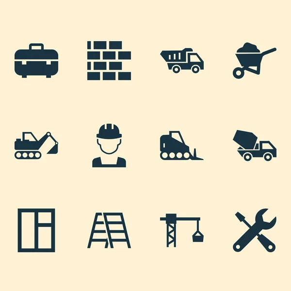 Conjunto de iconos de construcción con herramientas, hormigonera, grúa torre y otros elementos excavadores. Iconos de construcción de ilustración vectorial aislado . — Vector de stock