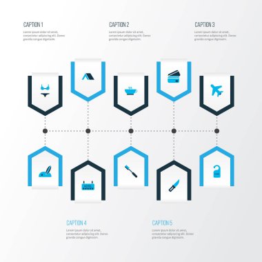 Turizm simgeler kümesi ile bıçak, uçağın gökyüzüne, kahve ve diğer uçuş öğeleri içinde renkli. İzole illüstrasyon Turizm simgeler.