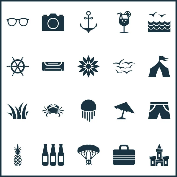 Summer icons set with flower, camera, sea and other marine elements. Isolated  illustration summer icons.