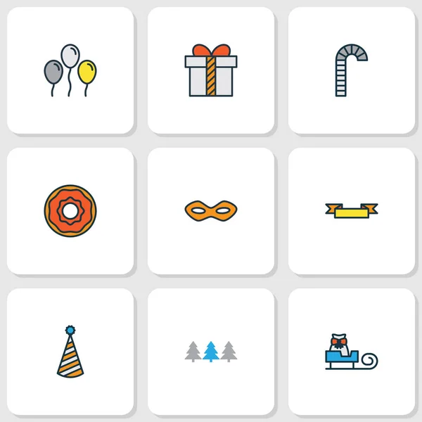 Happy icons colored line set with candy cane, donut, party hat cap elements. Isolated  illustration happy icons.