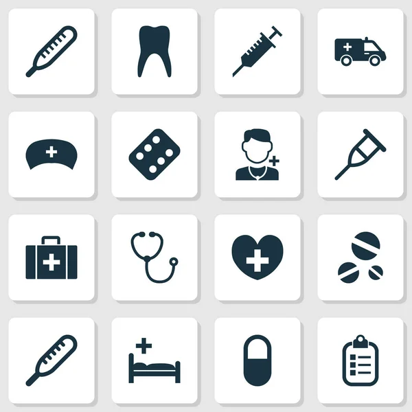 Antybiotyk ikony Ustaw z serca, stetoskop, temperatury i innych elementów urządzenia. Antybiotyk ikony ilustracja na białym tle. — Zdjęcie stockowe