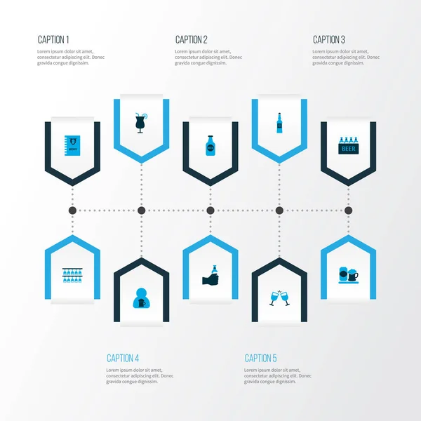 Πίνετε εικονίδια χρωματιστά σετ με σερβιτόρο, κύλικα, ποτό και άλλα στοιχεία του μενού. Εικονίδια ποτό απομονωμένα εικονογράφηση. — Φωτογραφία Αρχείου