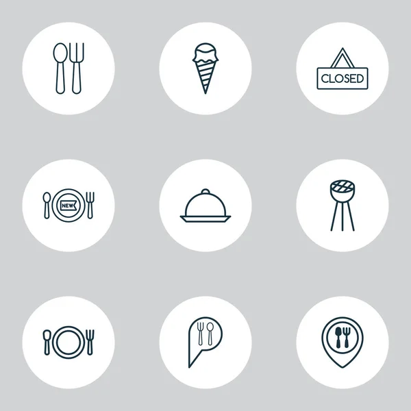 Conjunto de iconos de café con ubicación de restaurante, cuchara con tenedor, helado y otros elementos inoxidables. Iconos de café de ilustración aislada . —  Fotos de Stock