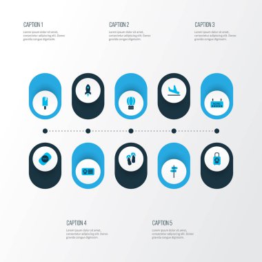 Yolculuk simgeler kümesi ile renkli flip flop, buzlu şeker, uçak iniş kupon öğeleri. İzole vektör çizim yolculuk simgeler.