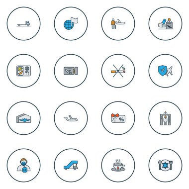 Simgeler seyahat dünya bayrak, uçaktaki yemekler, yol açın ve diğer uçak elemanları ile Ayarla satır renkli. Simgeler seyahat izole vektör çizim.