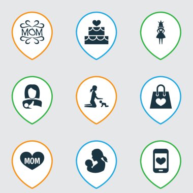 Anneler günü simgesi tasarım konsepti. Anne, ilişkiler ve Prenses 9 gibi öğeleri kümesi. Kalp, anne ve metin için güzel sembolleri.