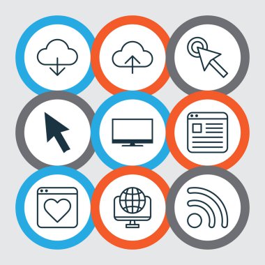 Bağlantı simgelerinin tarayıcı, upload, fare tıklaması ve diğer download öğeleri ile ayarlayın. İzole vektör çizim bağlantı simgeleri.