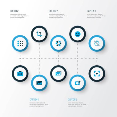 Fotoğraf simgeler kümesi ile renkli bir fotoğraf, etiket yüz, görüntü ve diğer görüntü öğelerini ekleyin. İzole vektör çizim fotoğraf simgeler.