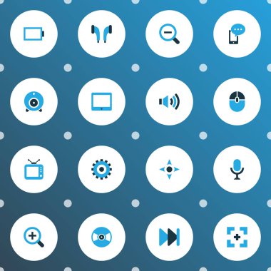 Multimedya simgeler tablet, web kamerası, enerji ve diğer karaoke öğeleri kümesi renkte. İzole vektör çizim multimedya simgeler.
