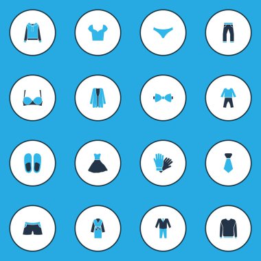 Terlik, beraberlik, yüzme mayo ve diğer elbise öğeleri kümesiyle renkli giysi simgeler. İzole vektör çizim giysi simgeler.