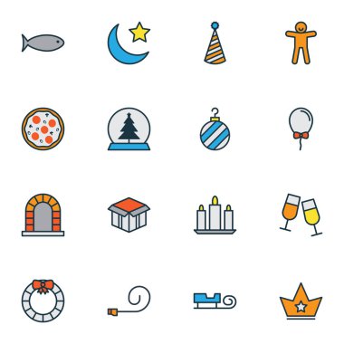 Tatil simgeler parti şapkası, zencefilli kurabiye, balık ve diğer kraliyet öğeleri ile Ayarla satır renkte. İzole vektör çizim tatil simgeler.