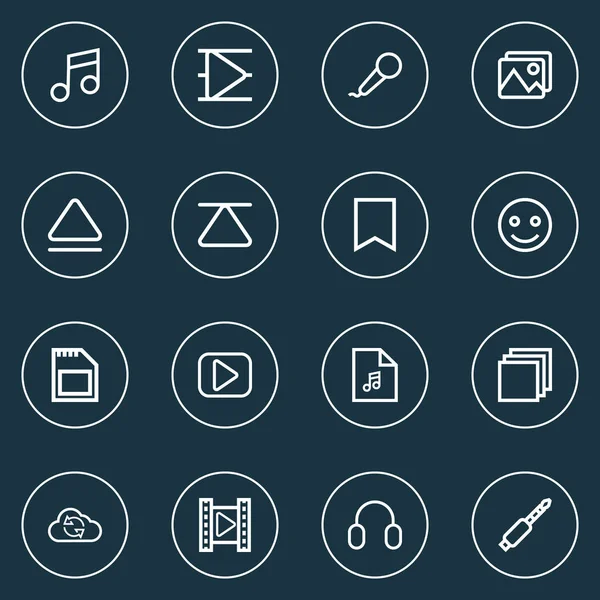 Πολυμέσα εικόνες στυλ γραμμής με κατηγορίες, να συγχρονίσετε, κάρτα sd και άλλα στοιχεία ήχου. Απομονωμένη διανυσματικά εικονογράφηση πολυμέσων εικονίδια. — Διανυσματικό Αρχείο