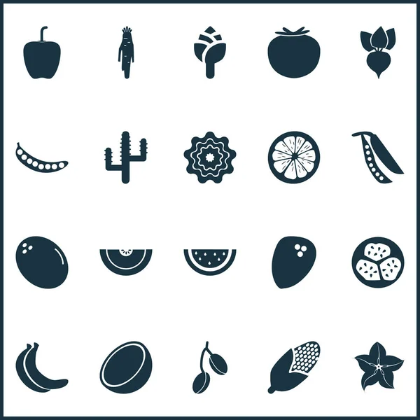 Фруктові іконки встановлені з канталу, незайманим, кокосовим горіхом та іншими кукурудзяними елементами. Ізольовані Векторні ілюстрації фруктові піктограми . — стоковий вектор
