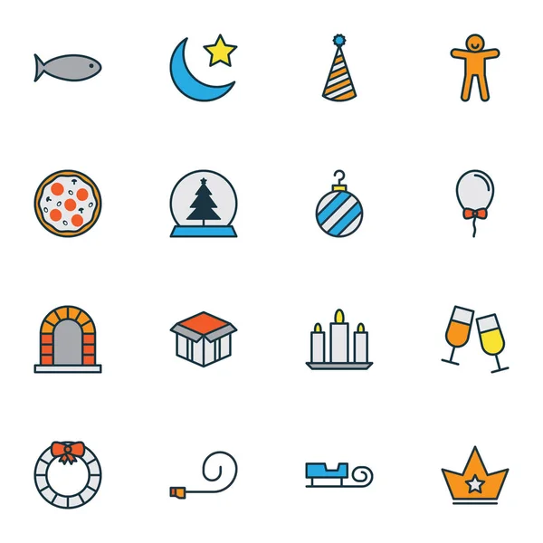 Happy icons colored line set with party hat, ginger cookie, fish and other royal elements. Isolated  illustration happy icons.