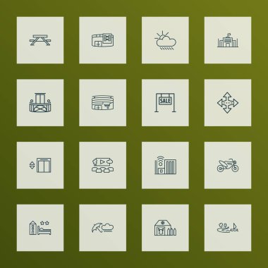 Şehir kutsal kişilerin resmi stil motorlu bisiklet, Asansör, yağmurlu hava ve diğer Meclis öğeleri kümesi satır. İzole illüstrasyon şehir simgeler.