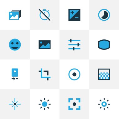 Resmi simgeler kümesi degrade, etiket yüz, merkez odak ve hızlandırılmış diğer öğeleri ile renkli. İzole illüstrasyon resim simgeleri.