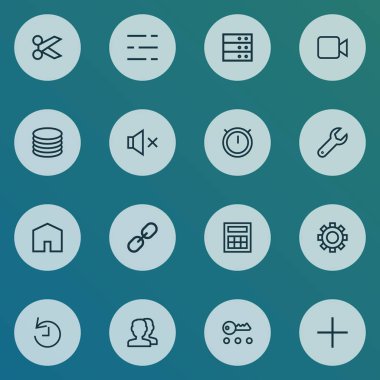 Arabirim simgeler çizgi stili ikinci metre, İngiliz anahtarı, son tarihi ve diğer hesap makinesi öğeleri ile ayarlayýn. İzole illüstrasyon arayüzü simgeler.