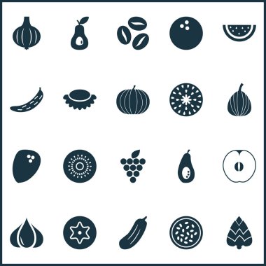 Meyve simgeler bitki, kivi, salatalık ve diğer kabak öğeleri ile ayarlayın. İllüstrasyon izole meyve simgeler.