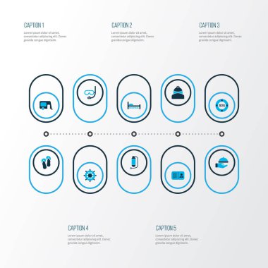 Simgeler renkli set garson, flip flop, sırt çantası ve diğer sualtı tankı öğeleri ile seyahat. İzole illüstrasyon seyahat simgeler.