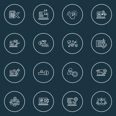 Optimizasyonu simgelerin stil Seo eğitim, beyin fırtınası, blogging ve diğer satın alma işlemi öğeleri kümesi satır. İzole şekilde en iyi duruma getirme simgeler.