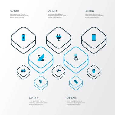 Aygıt simgeler kümesi soket, sputnik anten, Tak ve diğer çıkış elemanları renkte. İzole illüstrasyon Aygıt simgeleri.