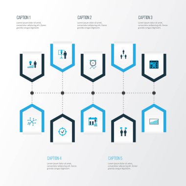 Yönetim simgeler kümesi proje hedefleri, iletişim, Proje sunumu ve diğer istatistik öğeleri ile renkli. İzole illüstrasyon yönetim simgeleri.