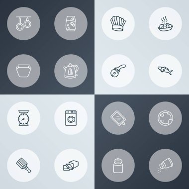 Mutfak simgeler stil pizza bıçağı, balık, çamaşır makinesi ve diğer ahşap öğeleri kümesi satır. İzole illüstrasyon mutfak simgeler.