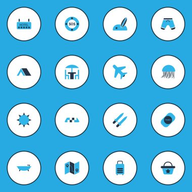 Yolculuk simgeler kümesi ile çadır, uçağın gökyüzüne, denizanası ve diğer rehber öğeleri içinde renkli. İzole illüstrasyon yolculuk simgeler.