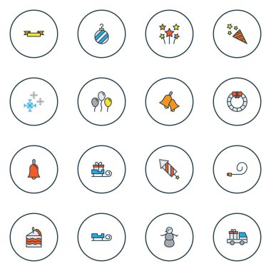 Yeni simgeler kutlamaları havai fişek, parti blower, çan ve diğer Noel öğeleri ile Ayarla satır renkte. İzole illüstrasyon yeni simgeler.