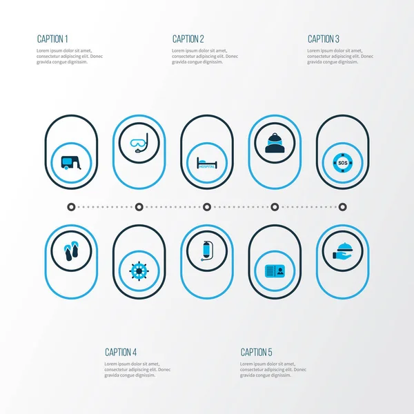 Simgeler renkli set garson, flip flop, sırt çantası ve diğer sualtı tankı öğeleri ile seyahat. İzole illüstrasyon seyahat simgeler.