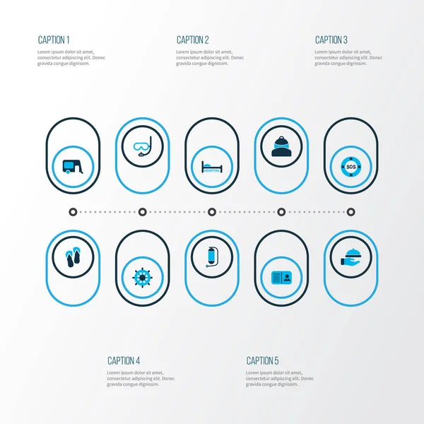 Ensemble d'icônes de voyage colorées avec serveur, tongs, sac à dos et autres éléments de réservoir sous-marin. Isolé icônes de voyage illustration . — Photo