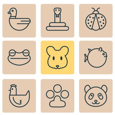 Hayvanat Bahçesi Icons set ördek, uğur böceği, panda yılan öğeleri ile. İzole vektör çizim Hayvanat Bahçesi simgeler.