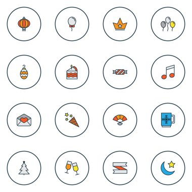 Tatil simgeler Noel ağacı, kupa, kek piece ve diğer köknar öğeleri ile Ayarla satır renkte. İzole vektör çizim tatil simgeler.